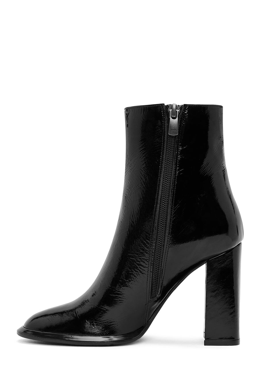 Woman Black Zippered High Thick Heel Patent Leather Leather Boat