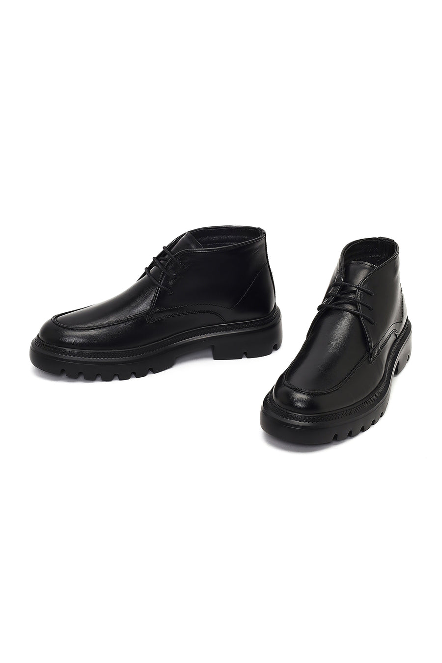 Men's Black Lace-Up Thick-Soled Leather Casual Boot