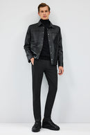 Enzo Men's Black Shirt Collar Leather Jacket | Derimod