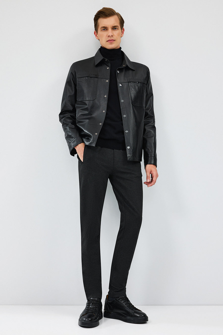 Enzo Men's Black Shirt Collar Leather Jacket