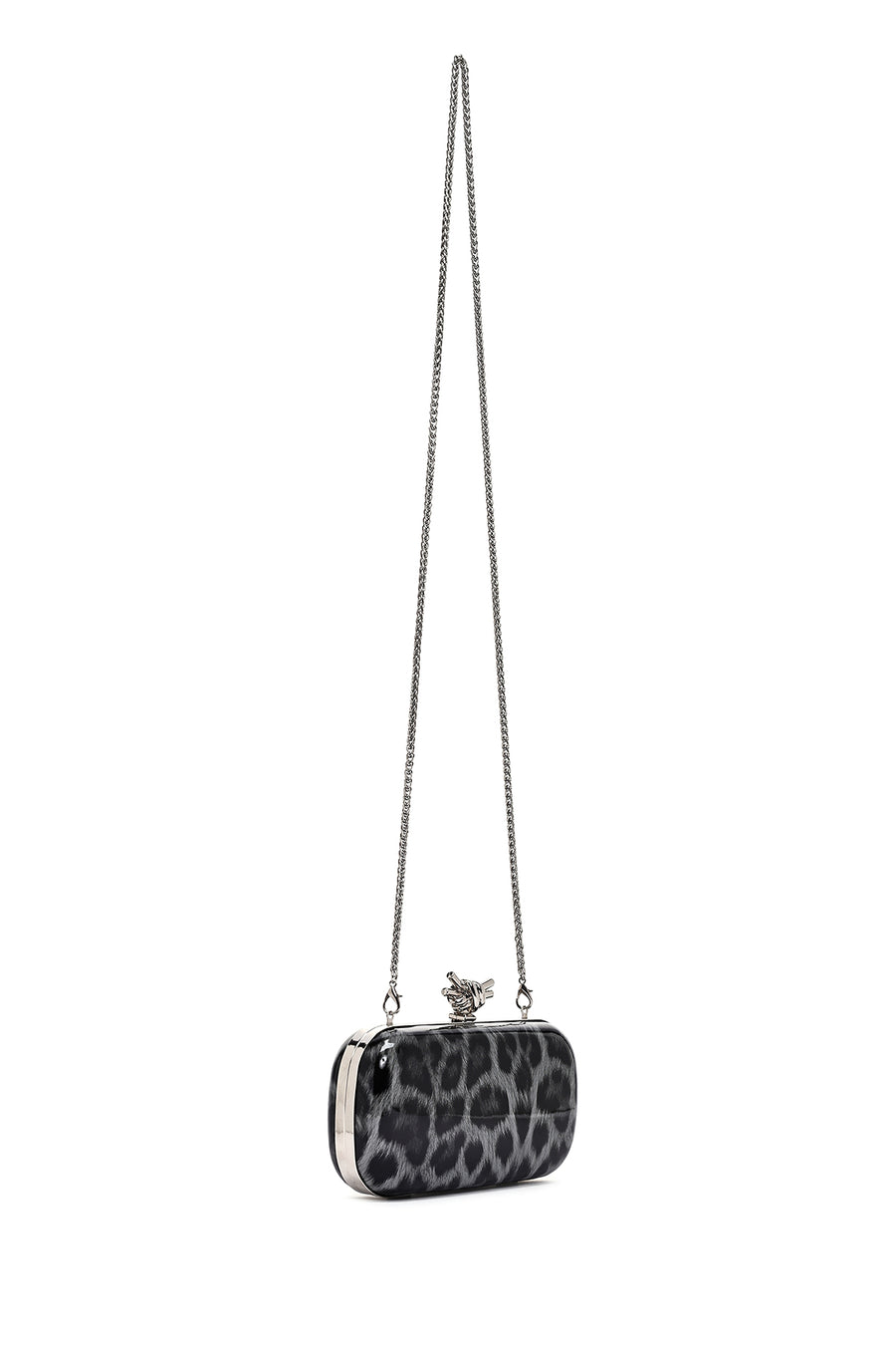 Women's Black Leopard Patterned Long Chain Strap Mini Box Evening Bag