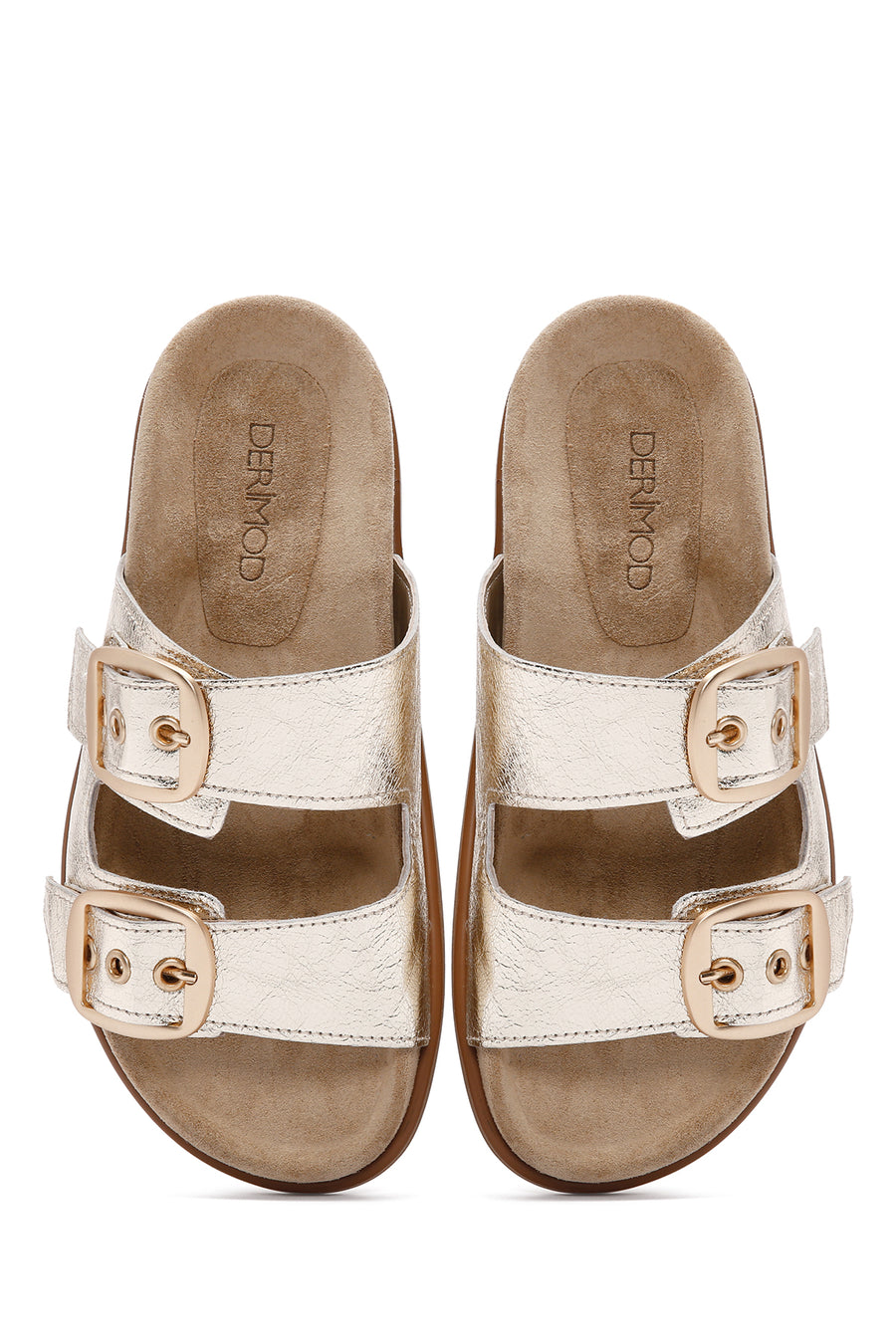 Women's Gold Buckled Metallic Leather Slippers