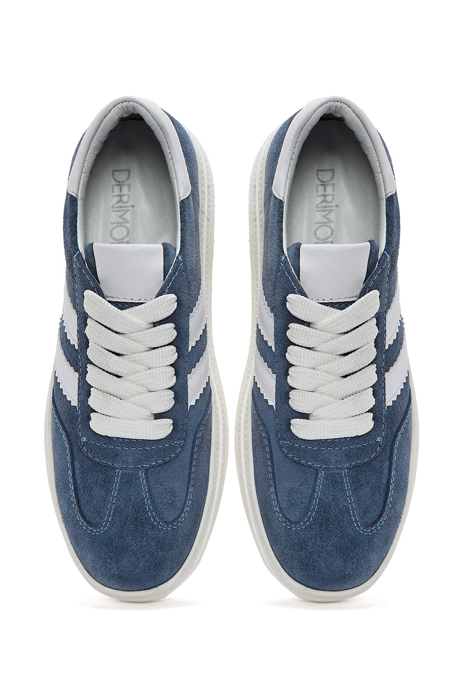 Women's Blue Lace-Up Chunky Sole Suede Leather Sneakers