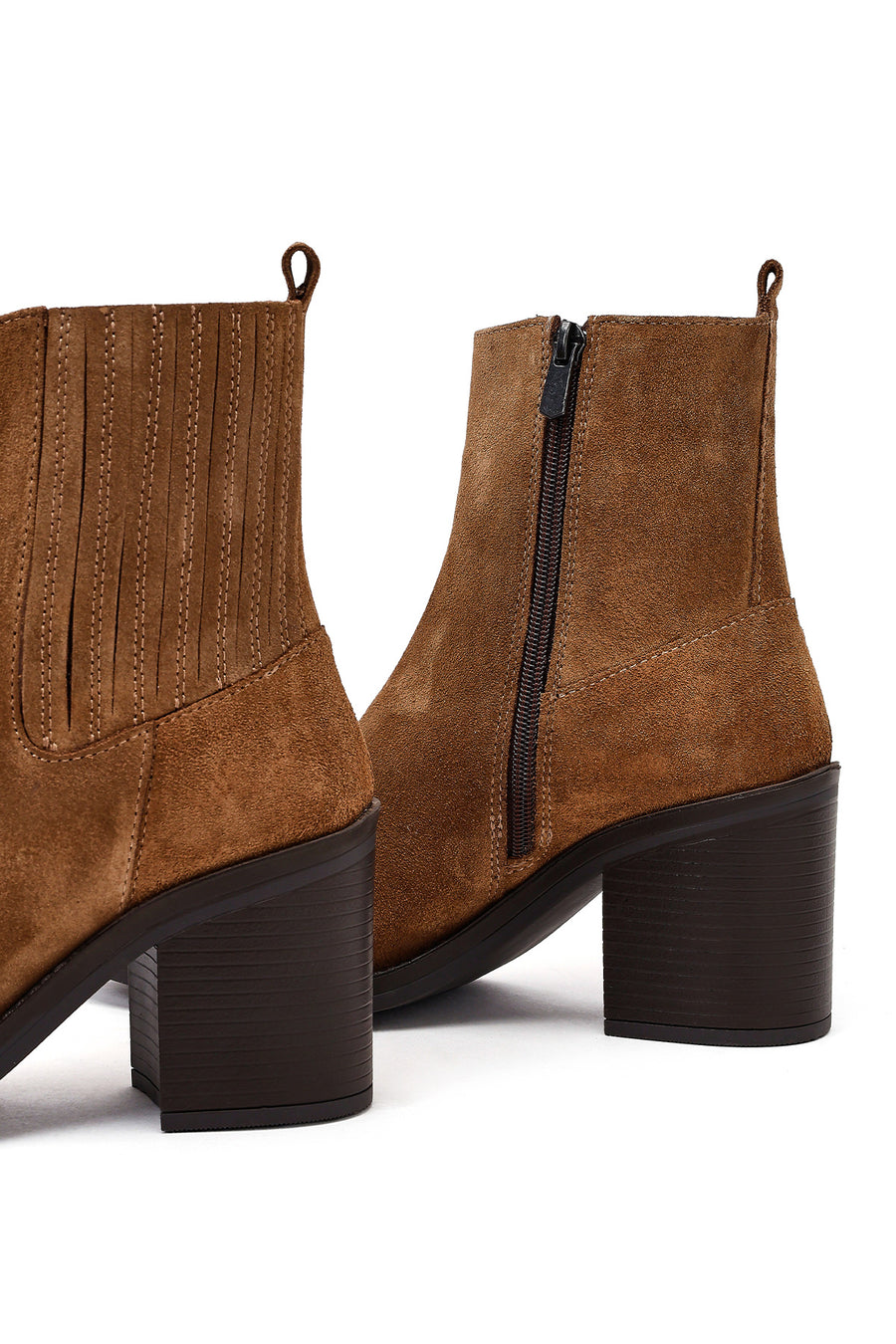 Women's Brown Zippered Thick Heel Suede Leather Boots