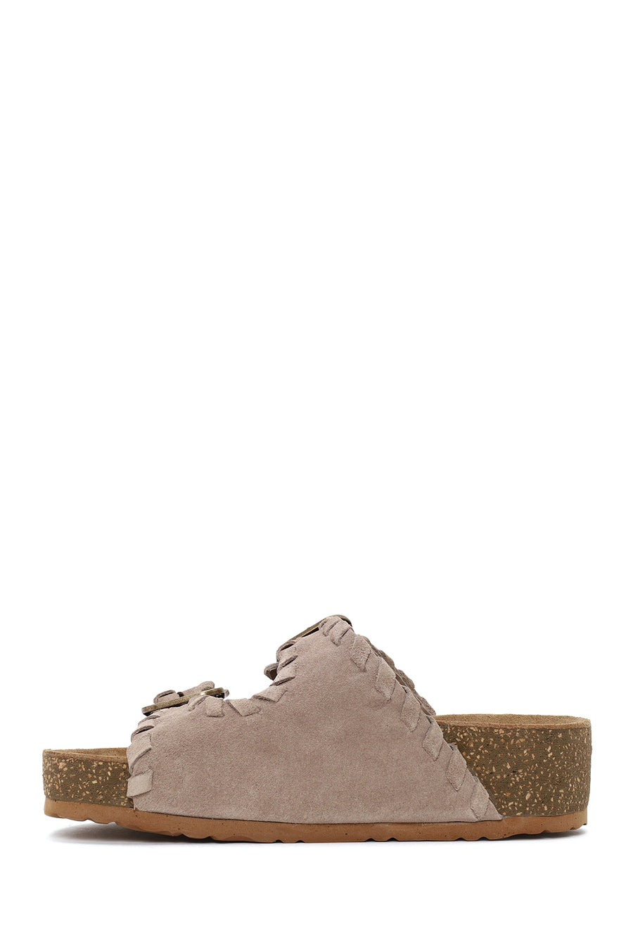 Woman Beige Double-Buckle Thick-Soled Suede Slipper