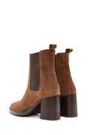 Women's Tan Thick Heeled Suede Leather Chelsea Boots | Derimod