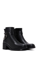 Women's Black Zippered Buckle Detailed Low Heeled Boots | Derimod
