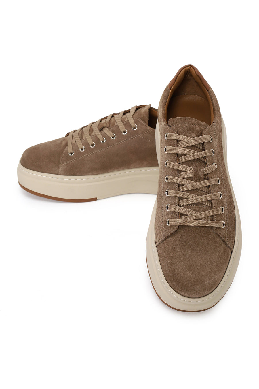 Male Beige Lace-Up Thick-Soled Suede Leather Sneaker