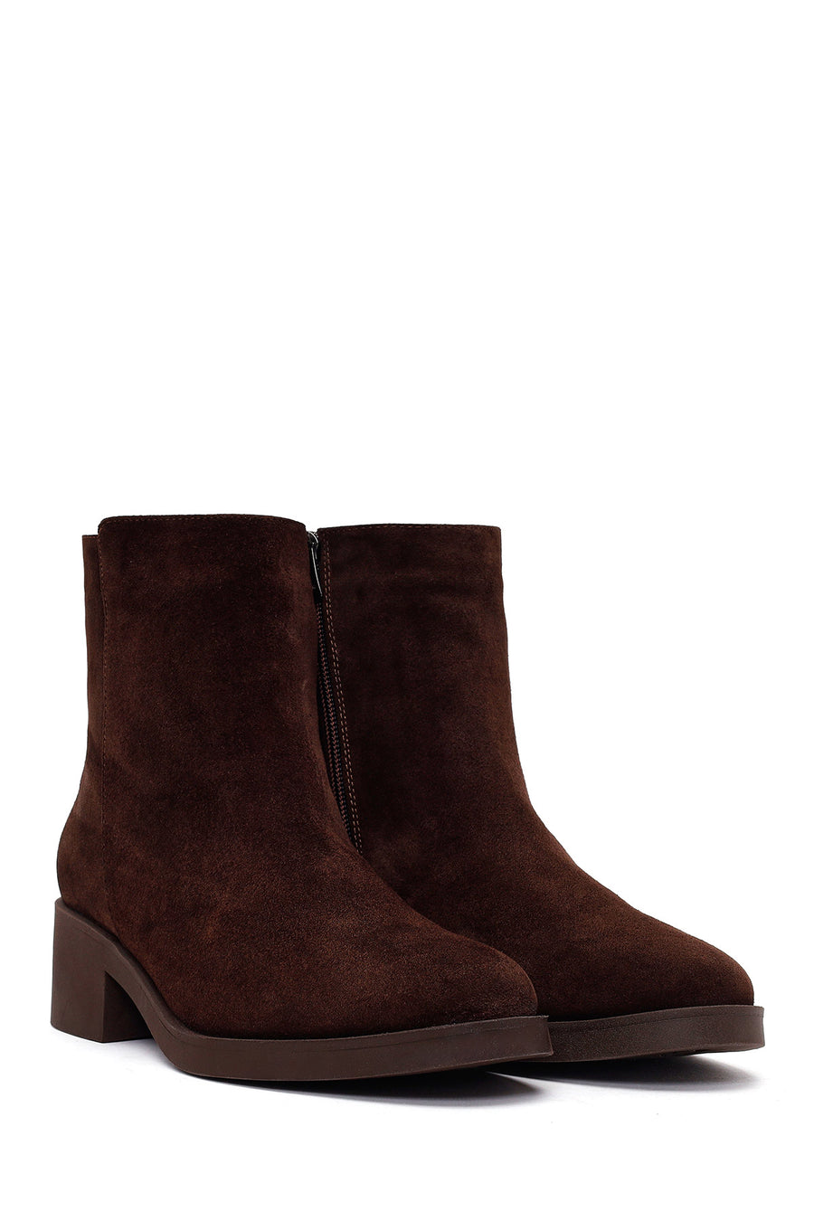 Woman Brown Zip Closure Chunky Heeled Suede Boots