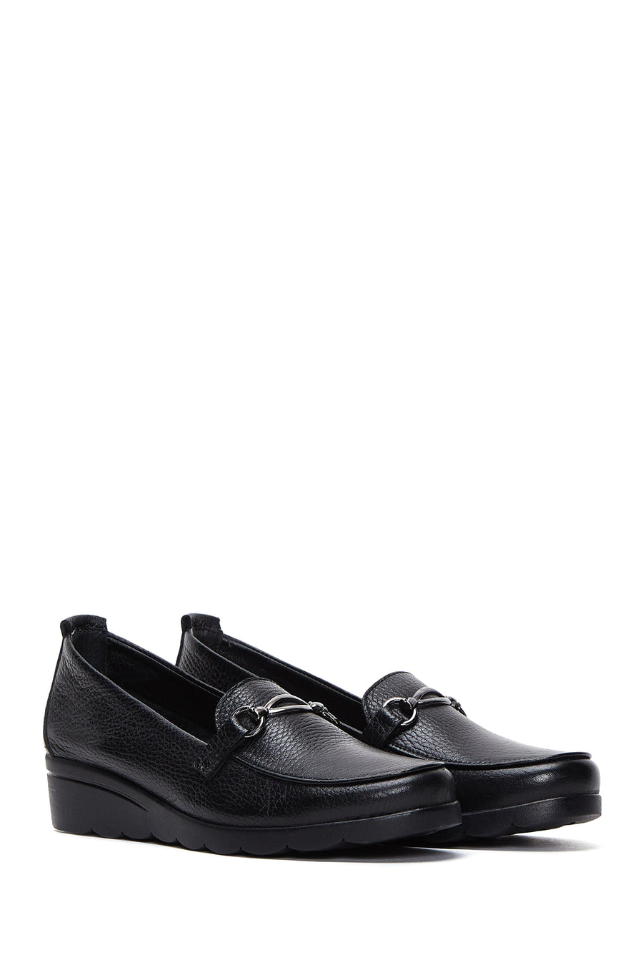 Women's Black Buckle Detailed Wedge Heel Leather Loafer