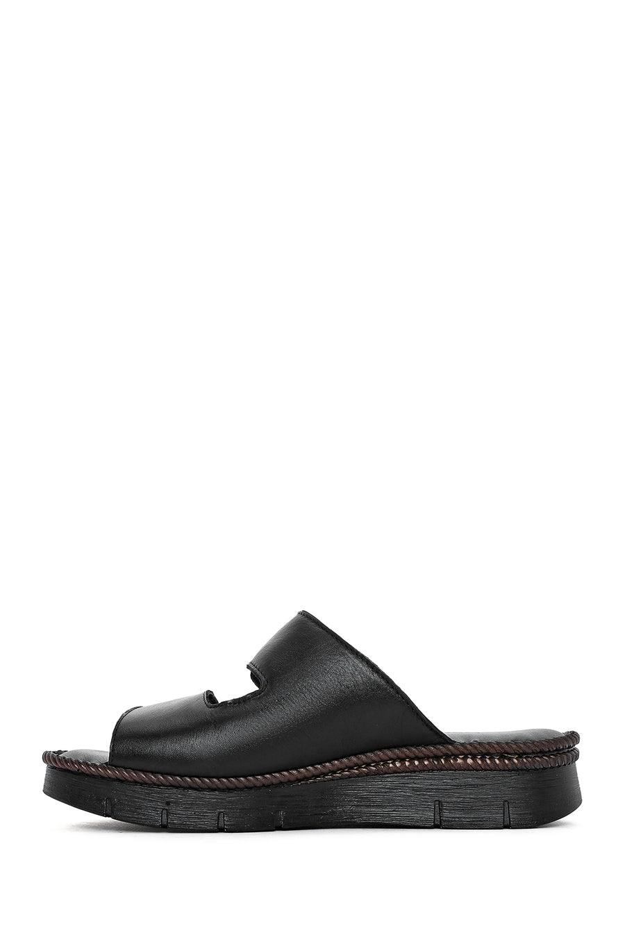 Woman Black Double Banded Leather Comfort Slippers