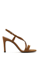 Woman Tan Ankle-Buckle High Thin-Heel Suede Sandal | Derimod