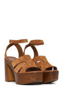Women's Tan Ankle Buckle Thick High Heel Suede Leather Sandals | Derimod