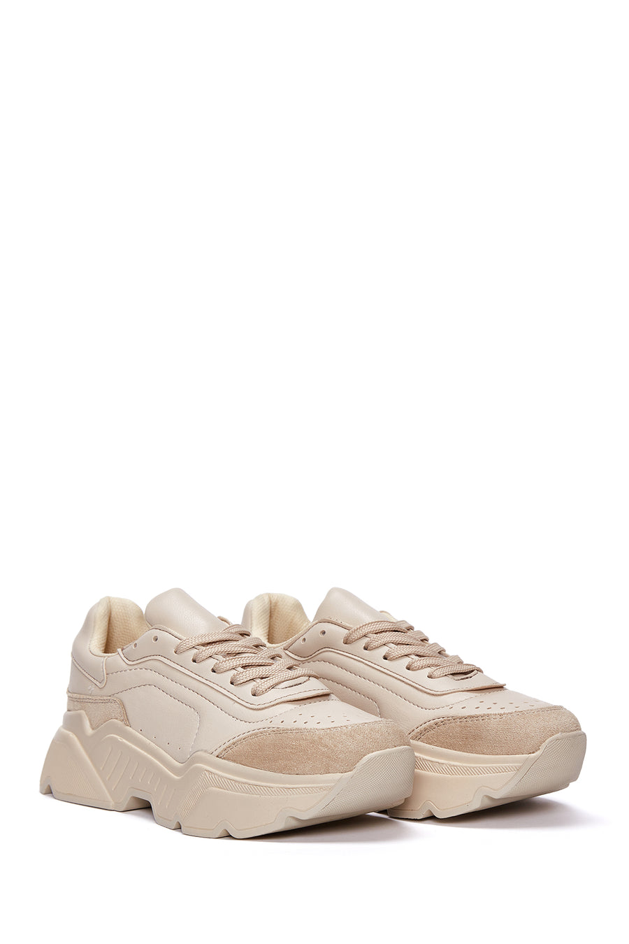 Women's Beige Thick Sole Lace-Up Sneakers