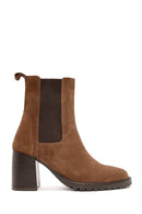 Women's Tan Thick Heeled Suede Leather Chelsea Boots | Derimod