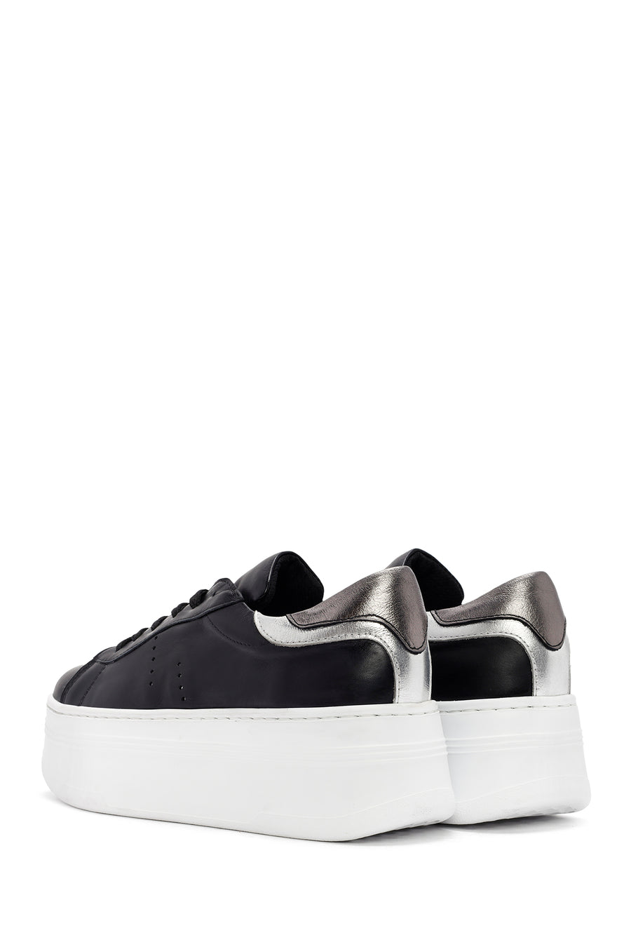 Women's Black Lace-up Thick-Sole Leather Sneaker