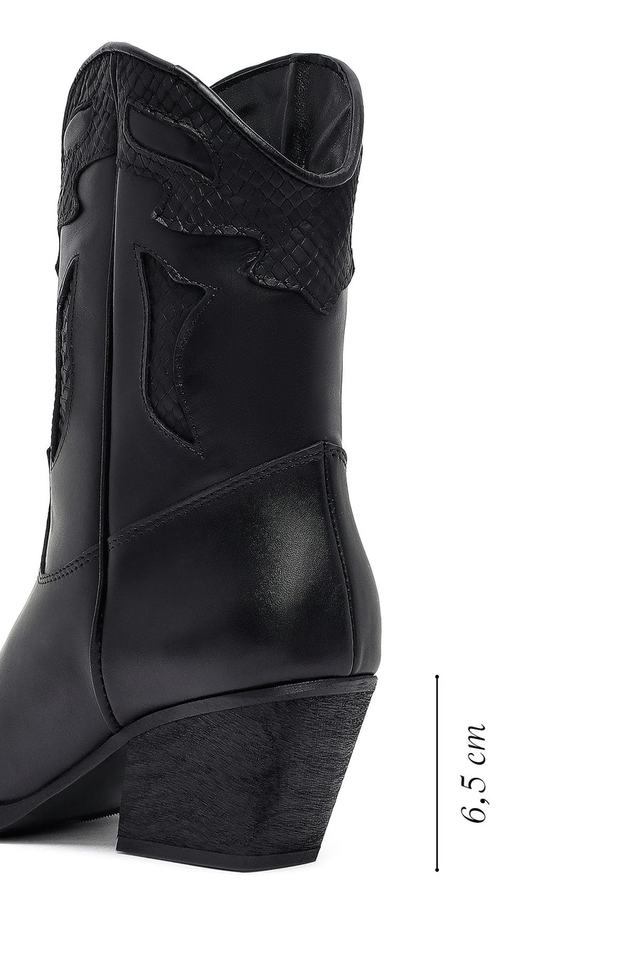 Woman Black Short Chunky Heel Leather Cowboy Boots