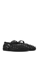 Women's Black Buckled Stoned Fishnet Ballerinas | Derimod
