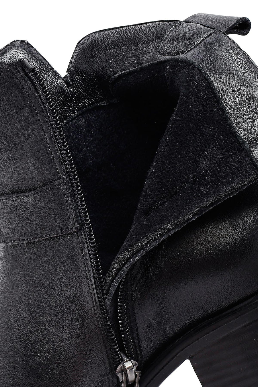 Women's Black Zippered Short Thick Heeled Leather Boots