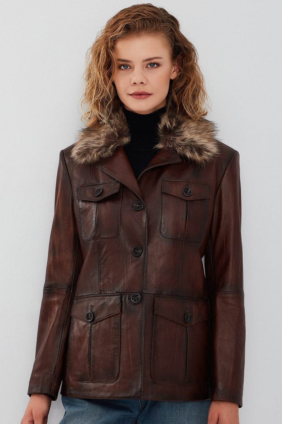 Anais Women's Brown Fur Collar Blazer Leather Jacket