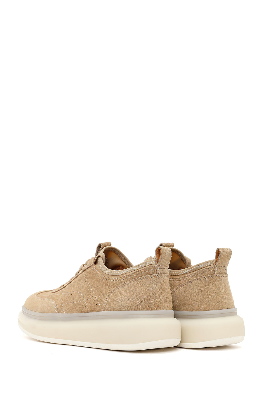 Erkek Bej Bağcıklı Kalın Tabanlı Süet Deri Sneaker