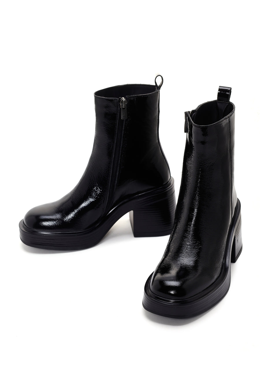 Women's Black Patent Leather Zippered Casual Heeled Boots