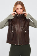 Edwina Women's Brown Leather Jacket with Removable Sleeves | Derimod