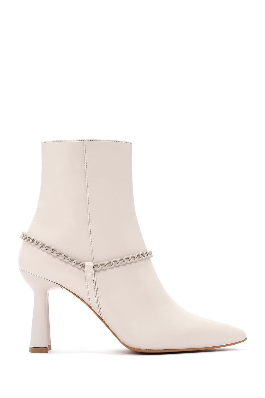Women's Beige Leather Zippered Chain Heeled Classic Boots 23WFD131818 | Derimod