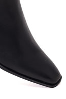 Woman Black Zip Closure Short Thick-Heeled Leather Cowboy Boots | Derimod