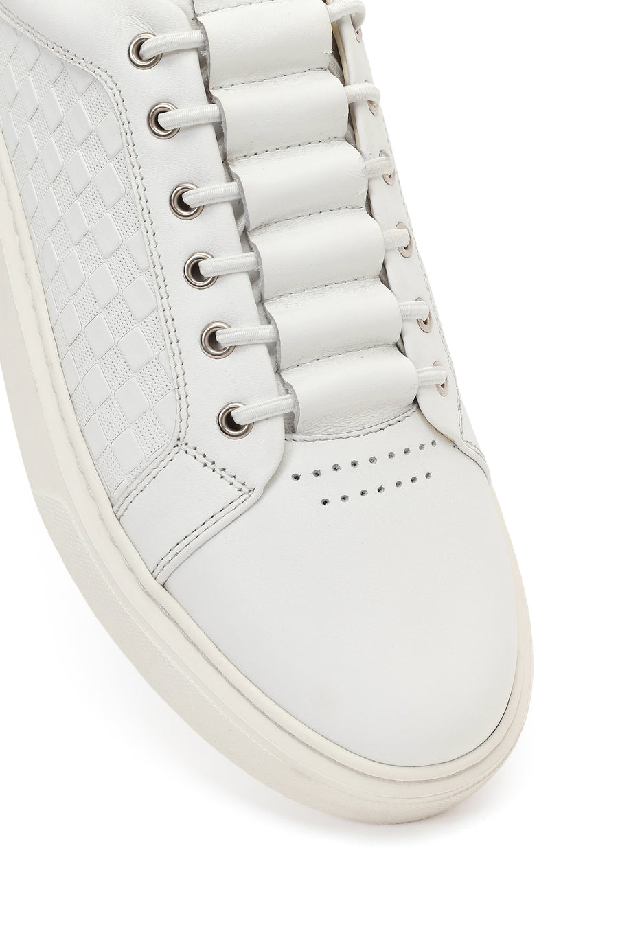 Erkek Beyaz Bağcıklı Desenli Deri Sneaker