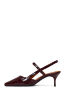 Woman Burgundy Backless Thin-Heeled Croc-Embossed Leather Shoes | Derimod