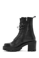 Women's Black Zippered Accessory Detailed Thick Heeled Leather Combat Boots | Derimod