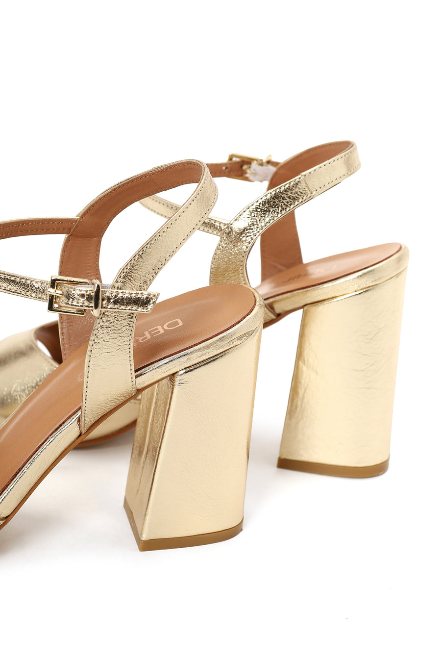 Women's Gold Ankle Buckle Chunky Heel Metallic Leather Sandals
