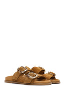 Women's Tan Double Buckle Suede Leather Slippers | Derimod