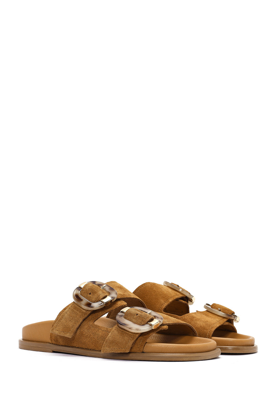 Women's Tan Double Buckle Suede Leather Slippers