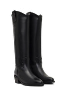 Women's Black Low-Heeled Leather Cowboy Boots | Derimod
