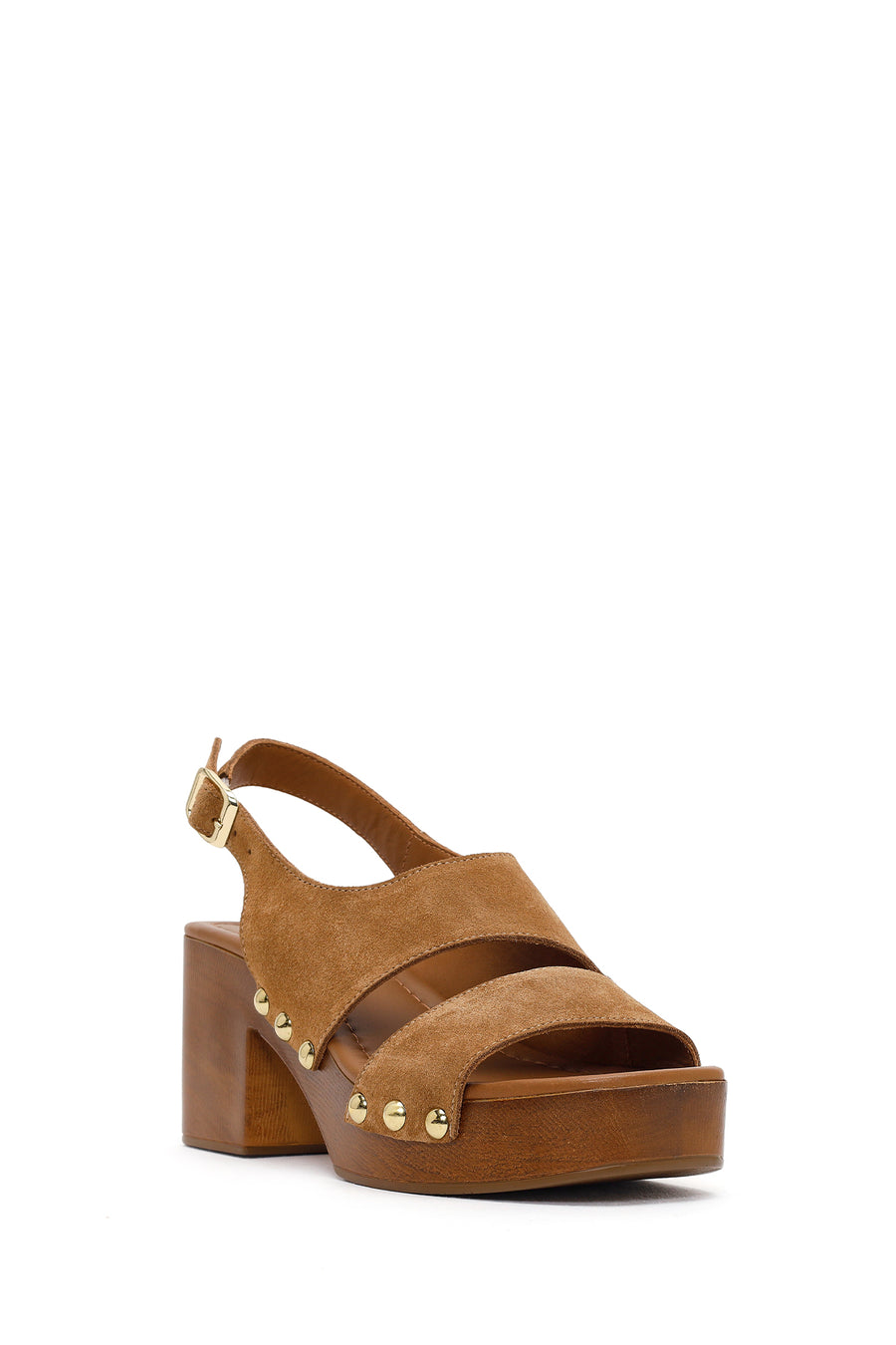 Women's Tan Suede Leather Sandals with Buckle Back and Platform Heel