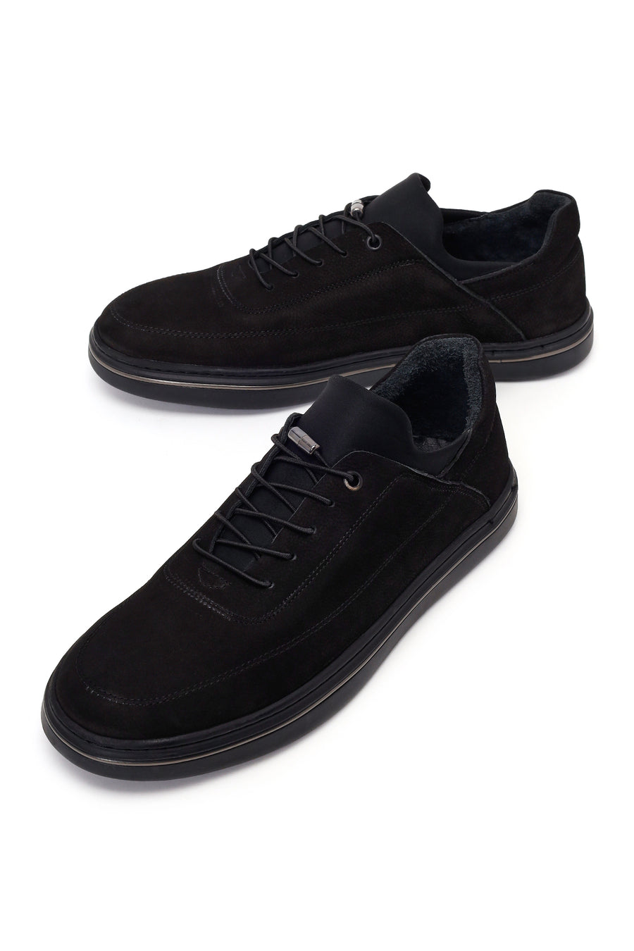Male Black Lace-Up Nubuck Leather Casual Sneakers
