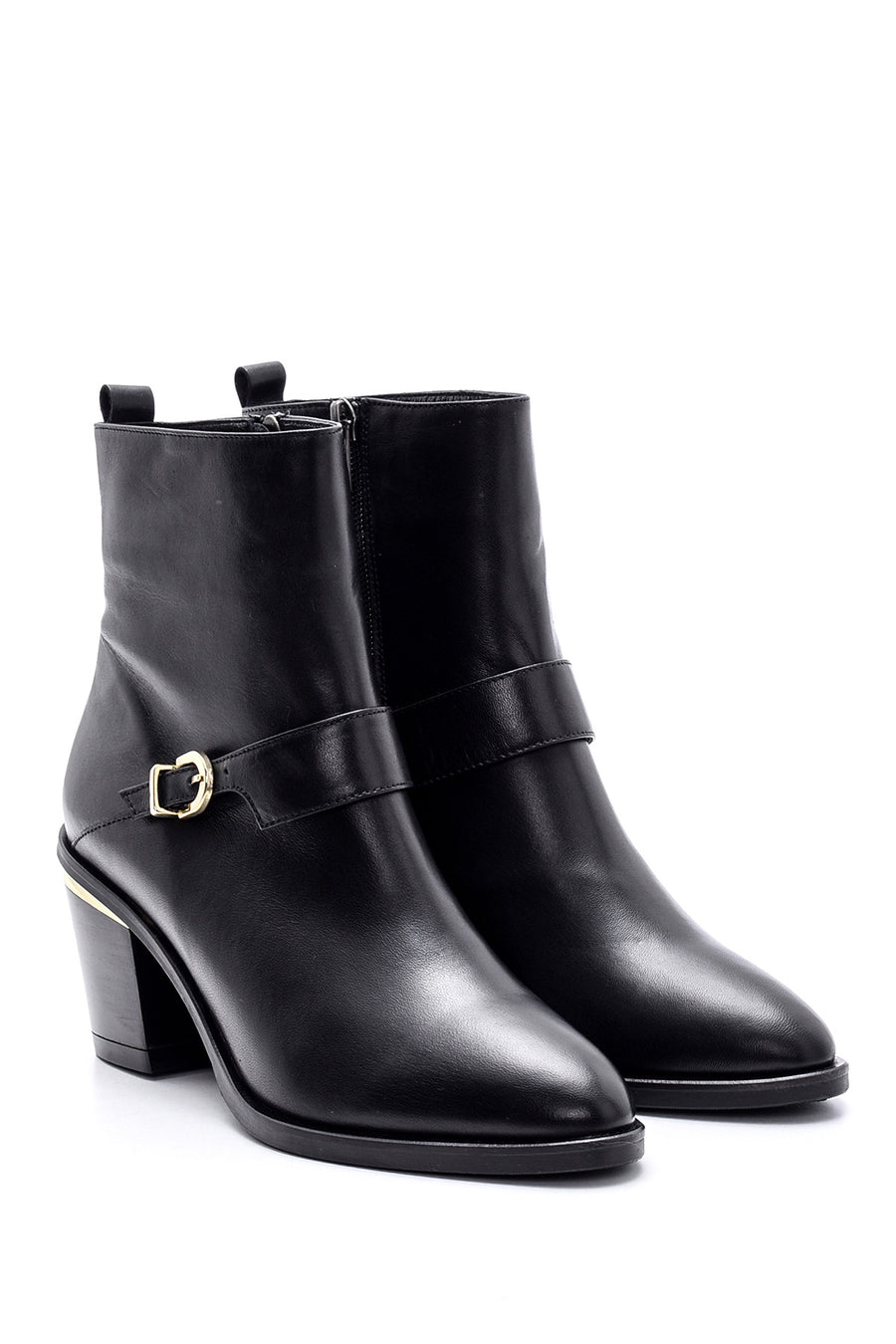 Women's Buckle Detailed Leather Heeled Boots