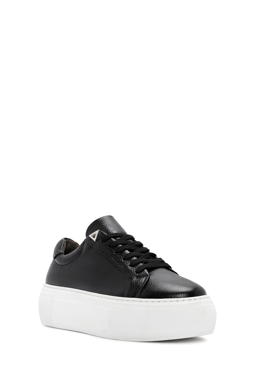 Women's Black Lace-up Thick-Sole Leather Sneaker