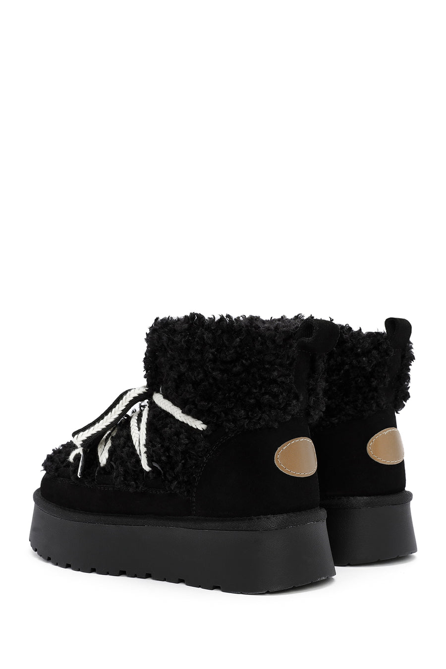 Women's Black Thick-Soled Fur-Lined Leather Boots