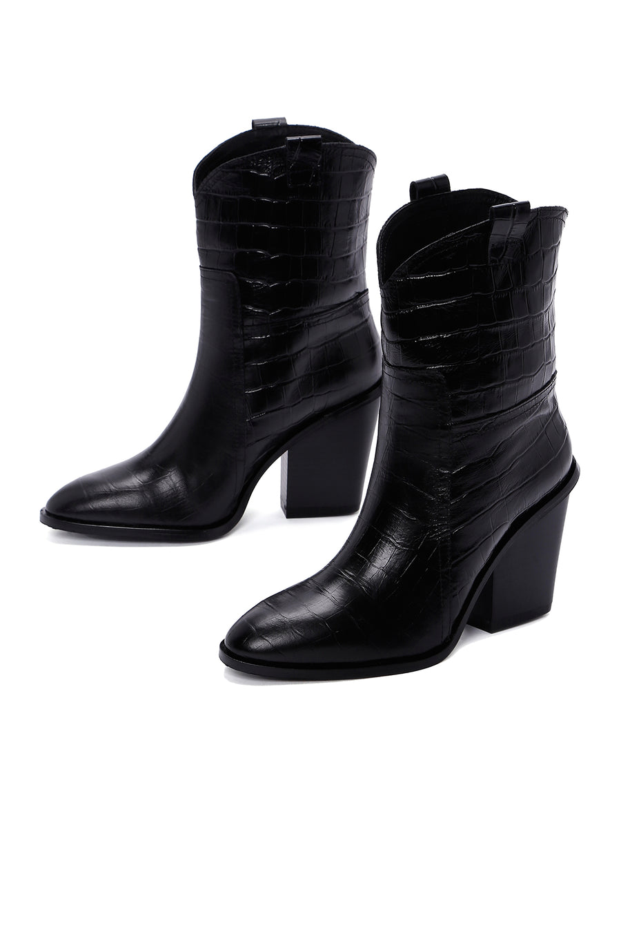Women's Black Leather Heeled Cowboy Boots