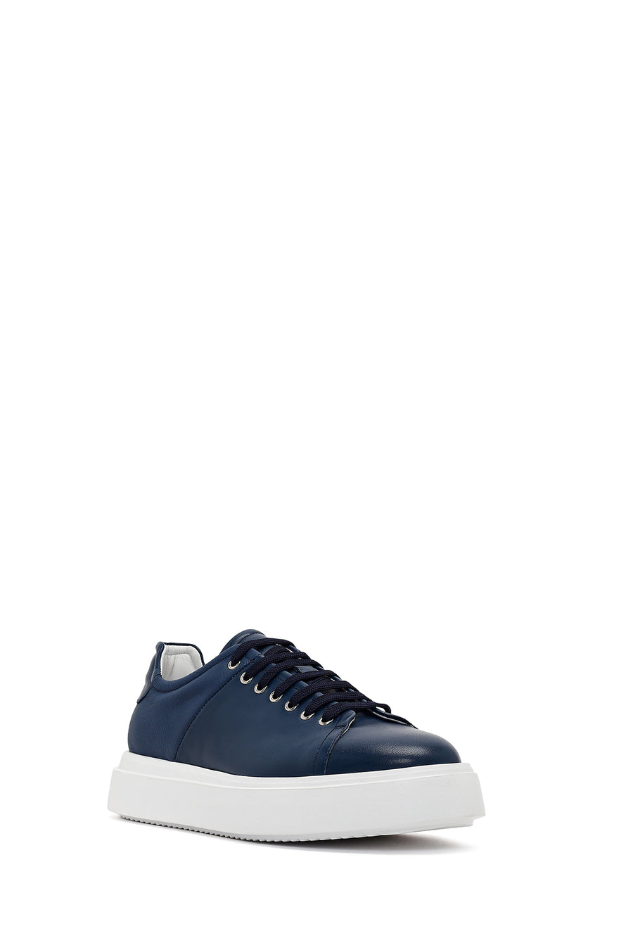 Erkek Lacivert Bağcıklı Kalın Tabanlı Deri Sneaker
