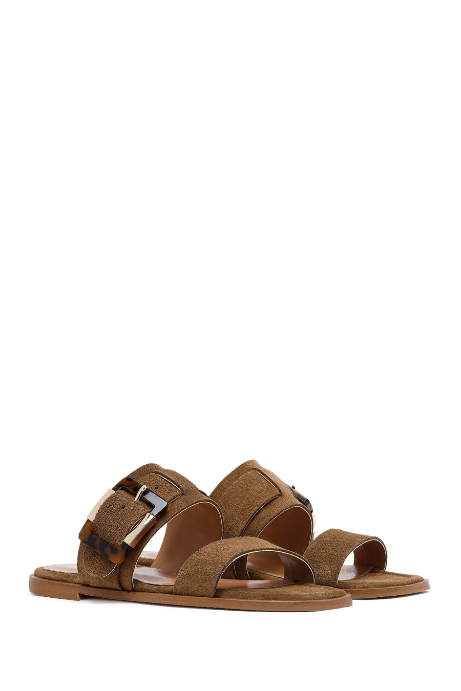 Woman Beige Buckled Suede Leather Slipper