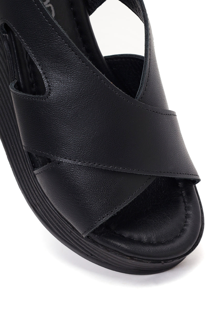 Women's Black Ankle Buckle Platform Leather Sandals