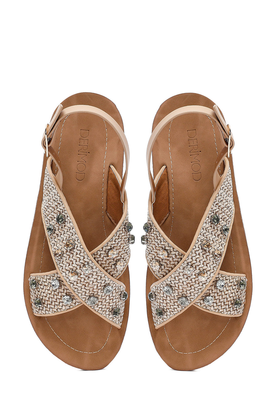 Women's Beige Stone Straw Sandals