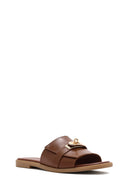 Women's Brown Buckled Leather Slippers | Derimod
