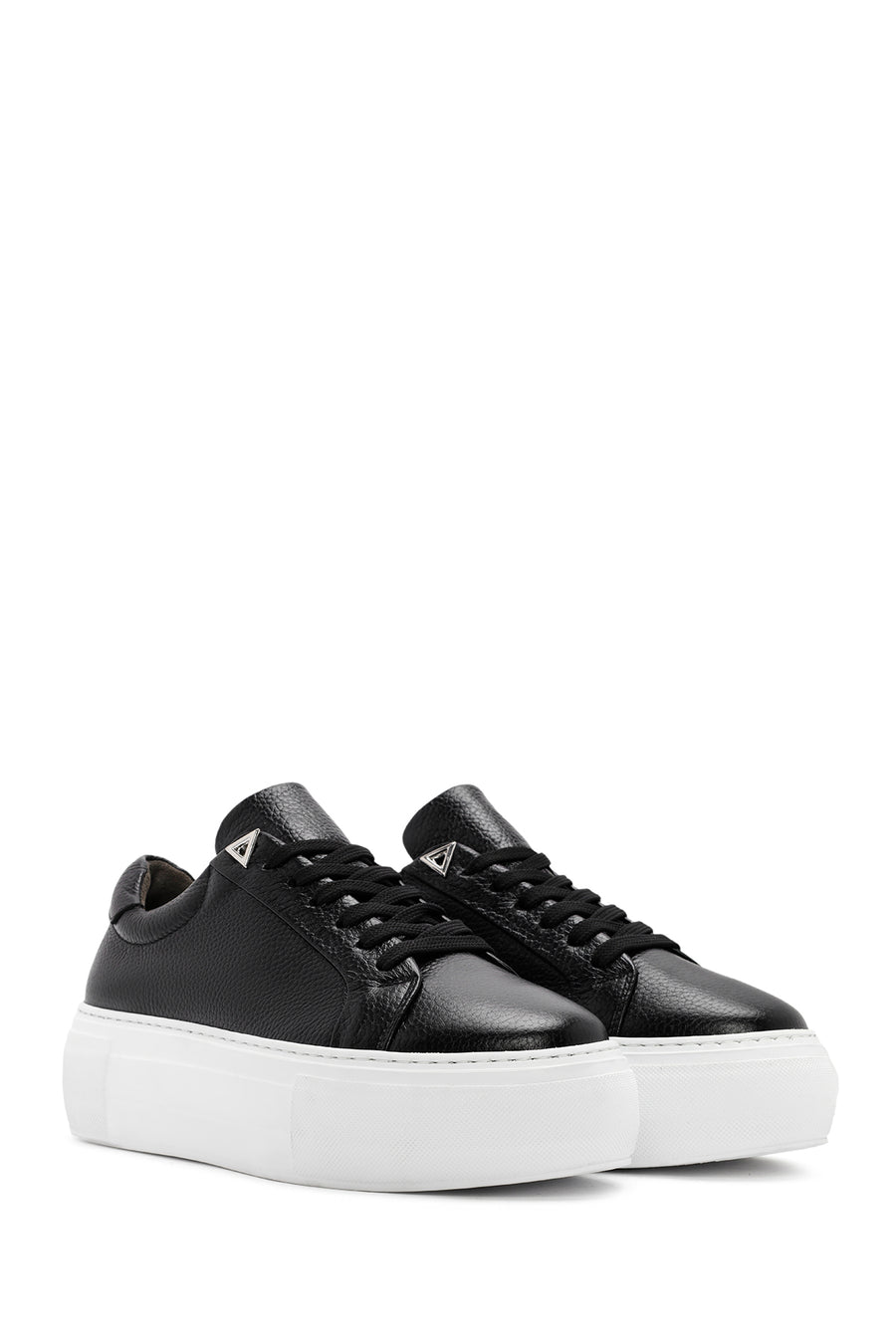 Women's Black Lace-up Thick-Sole Leather Sneaker