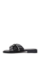 Women's Black Knitted Detailed Leather Slippers | Derimod