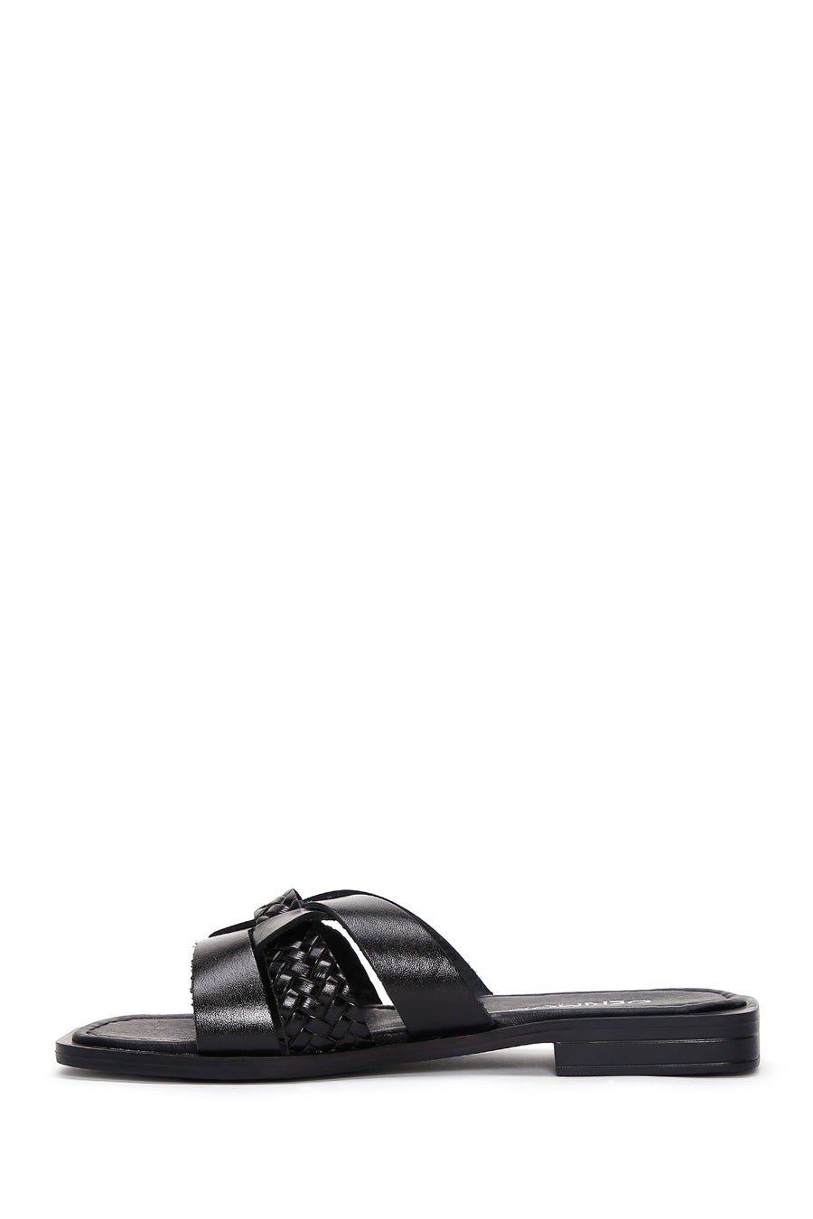 Women's Black Knitted Detailed Leather Slippers